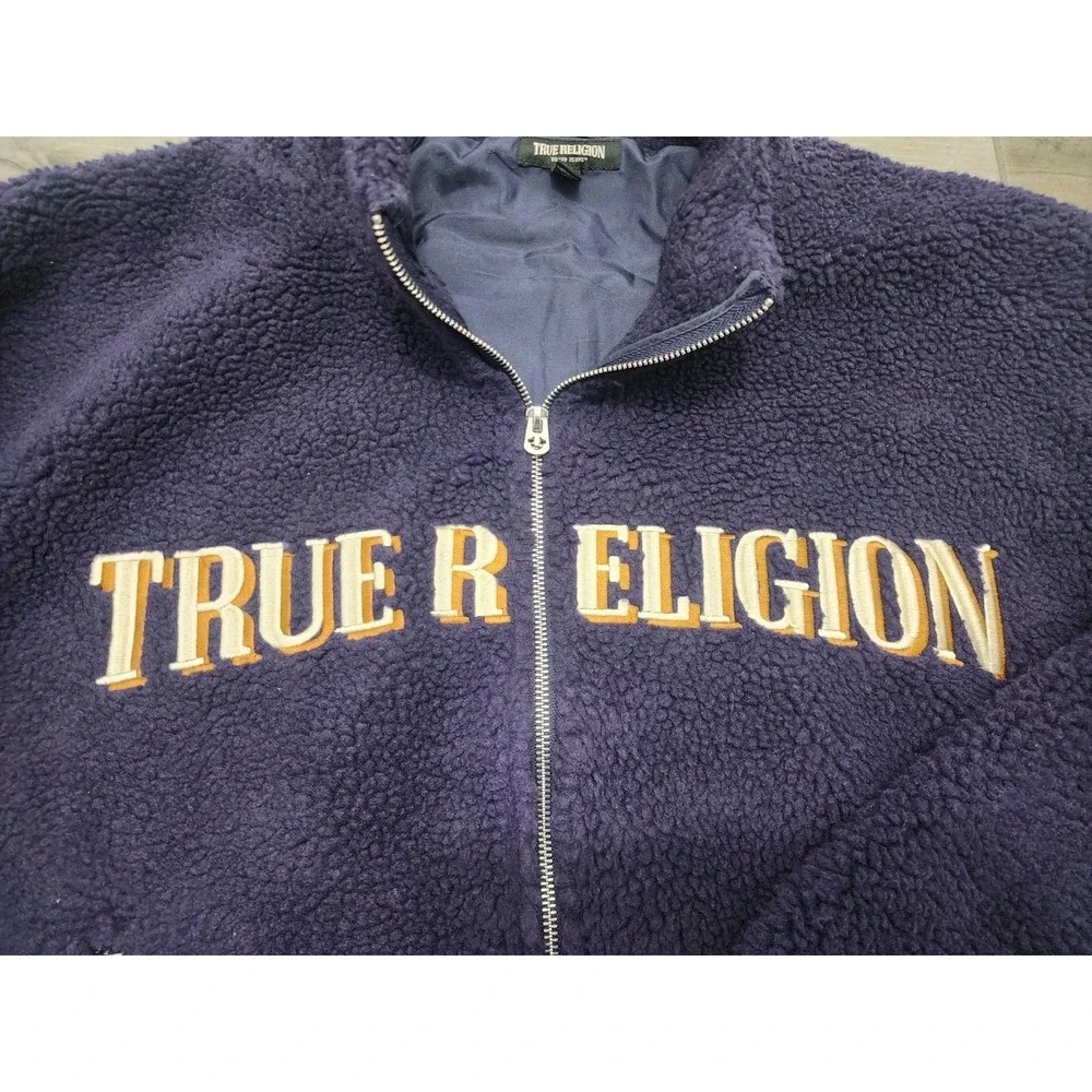 True Religion Mens TR Logo Sherpa Jacket Eclipse Navy Blue Fleece 110299 Size M